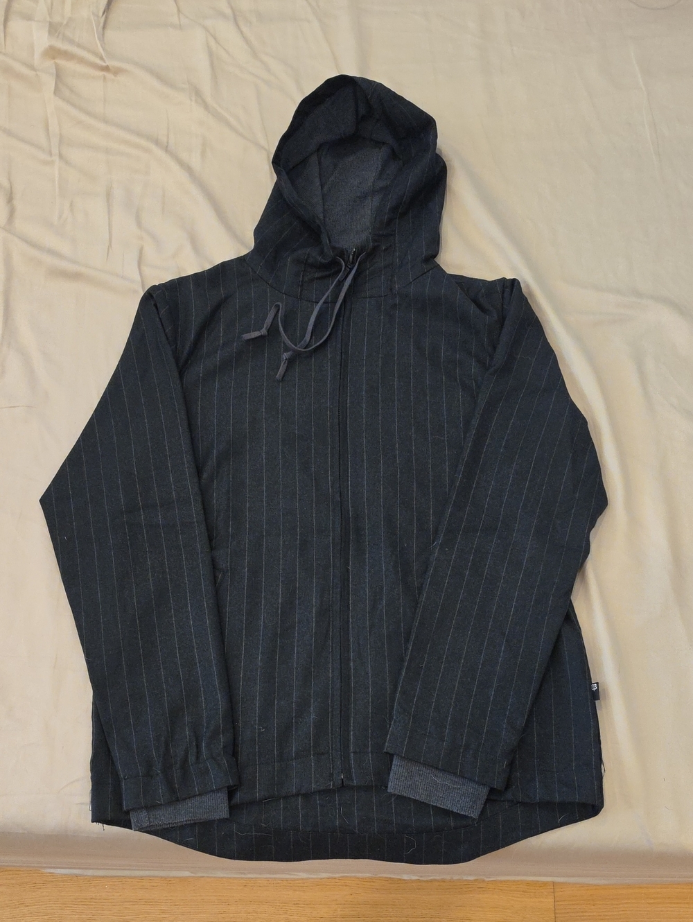 Betabrand Men's Dark Charcoal Pinstripe Hooded Shirt Jacket